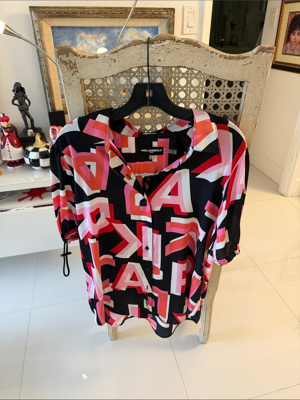 Karl Lagerfeld Black Short-Sleeve Button Front Top with Pink & Red Graphic Print